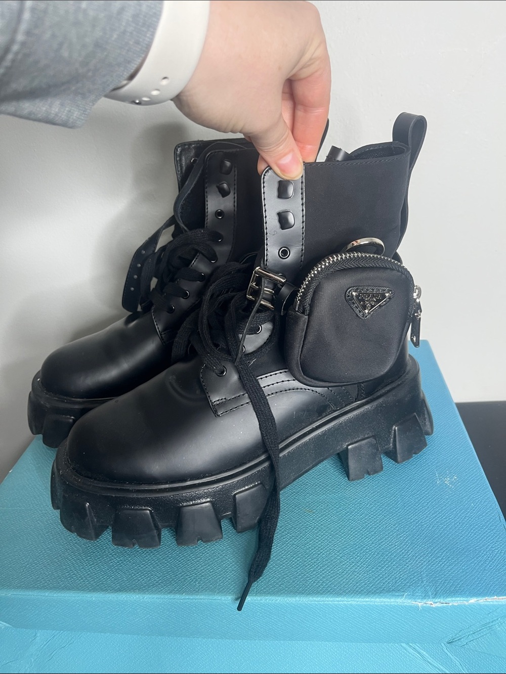 Prada Black Leather Nylon Calzature Combat Boots with Detachable Mini Pouch - Picture 2 of 8
